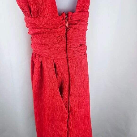 Women's Red Rayon Deep V-Neck Romper With Pockets Size X-Small NWT - Picture 4 of 13